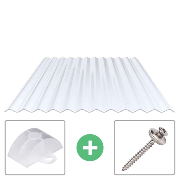 PVC Wellplatte 76/18 klarbläulich, 1,30 mm Stärke, mit Abstandhalter und Schraube