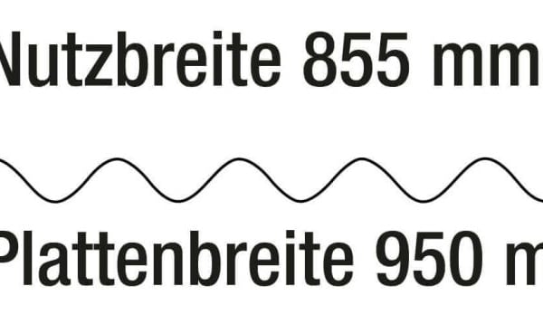 Technische Zeichnung der PVC Wellplatte 95/35 mit Massen: Plattenbreite 950 mm, Nutzbreite 855 mm, Wellenhoehe 35 mm