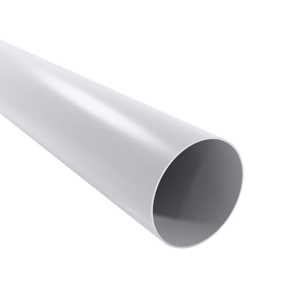 Regenfallrohr aus grauem PVC, schraeg von oben, Vorderseite mit runder Oeffnung