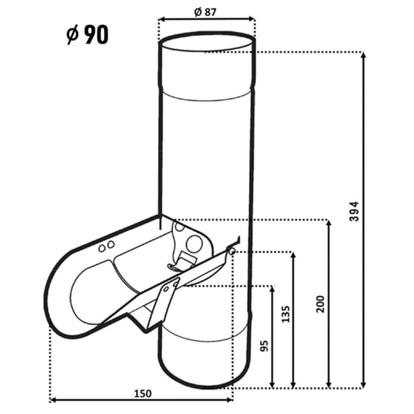 Technische Zeichnung des Regenwasserfängers mit Massangaben, Durchmesser 90 mm
