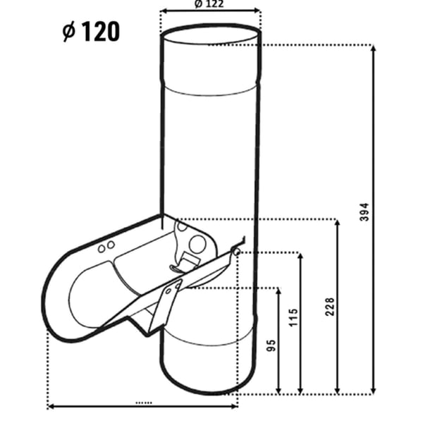 Technische Zeichnung des Regenwasserfängers mit Massangaben, Durchmesser 120 mm