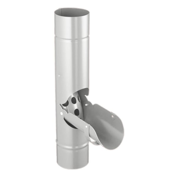 Regenwasserfänger aus Stahl, Weißaluminium RAL 9006, mit geöffneter Klappe und Sieb