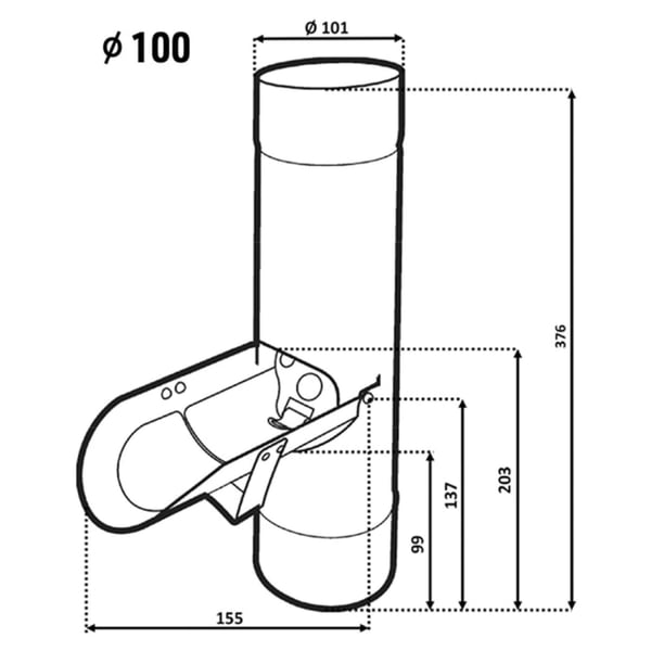 Technische Zeichnung des verzinkten Regenwasserfängers mit Massangaben und Durchmesser 100 mm