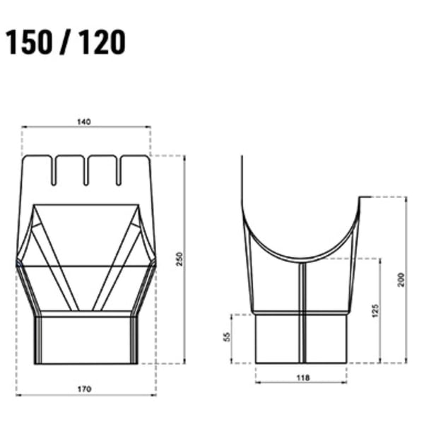 Technische Zeichnung des Rinnenablaufs mit Massen 150/120, Vorder- und Seitenansicht