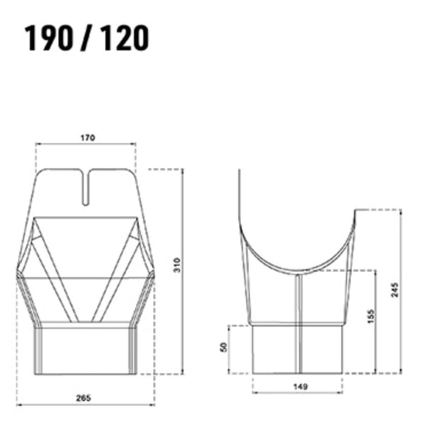Technische Zeichnung des Rinnenablaufs mit Massen 190/120, Vorder- und Seitenansicht