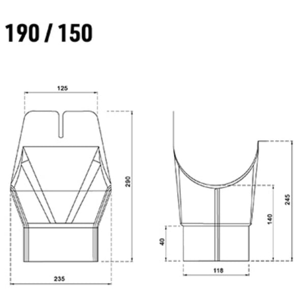 Technische Zeichnung des Rinnenablaufs mit Massen 190/150, Vorder- und Seitenansicht