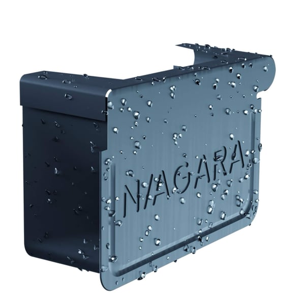 Rinnenendstück links, anthrazitgrau RAL 7016, mit Wassertropfen und eingeprägtem Niagara Logo