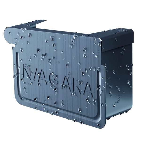 Rinnenendstück rechts aus anthrazitgrauem Stahl mit Niagara-Logo und Wassertropfen