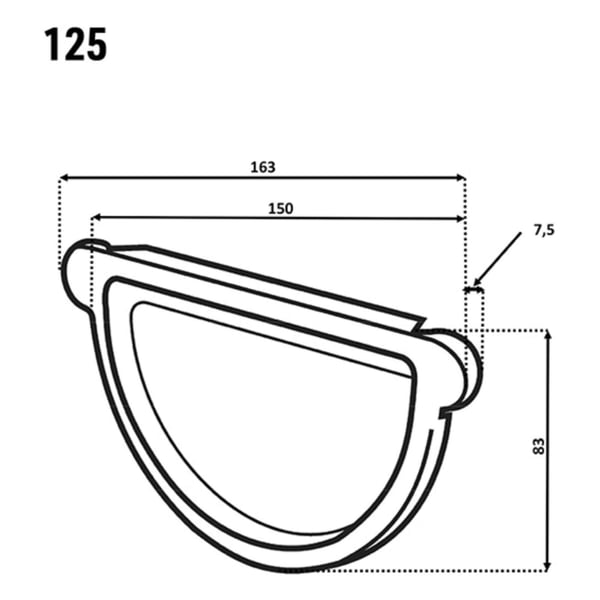 Technische Zeichnung des Rinnenendstuecks mit Massen 163 mm Laenge und 83 mm Hoehe