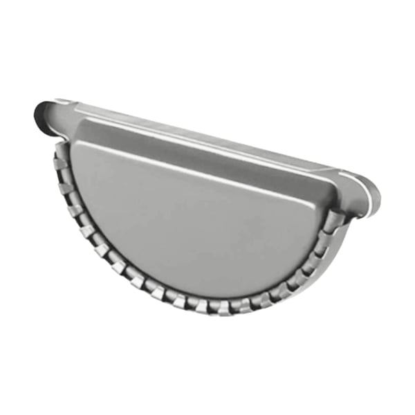 Rinnenendstück aus Stahl in Weißaluminium (RAL 9006) mit 50 µm Polyurethan-Beschichtung, geriffelte Kante