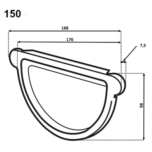 Technische Zeichnung des Rinnenendstücks mit Massen: Breite 188 mm, Tiefe 98 mm, Hoehe 7,5 mm