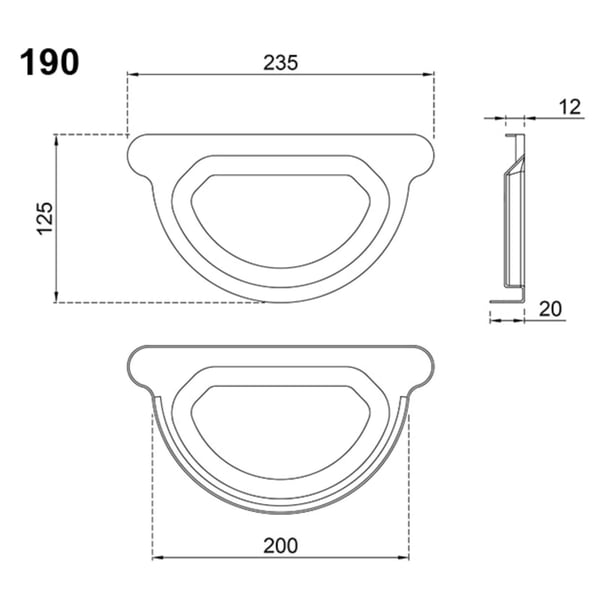 Technische Zeichnung des Rinnenendstücks mit Massen 190, 125, 235, 200 und 20 mm