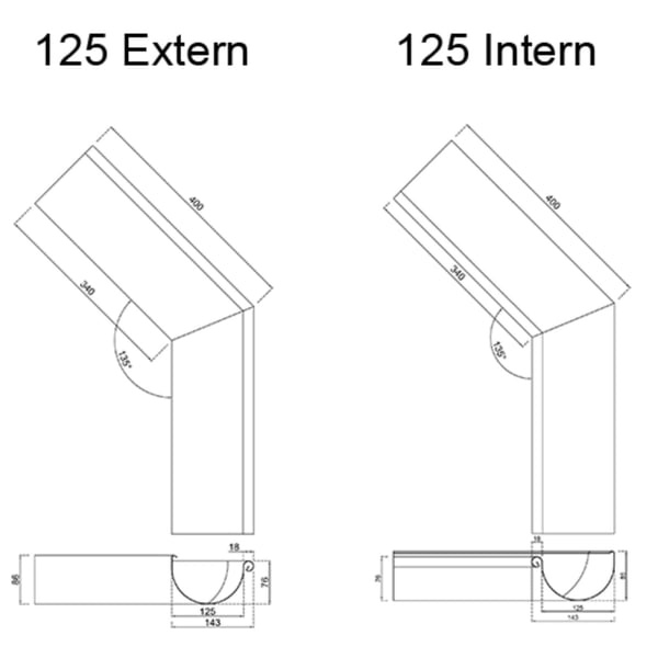 Technische Zeichnung mit Massen fuer Rinnenwinkel 125 Extern und 125 Intern, Winkel 135 Grad