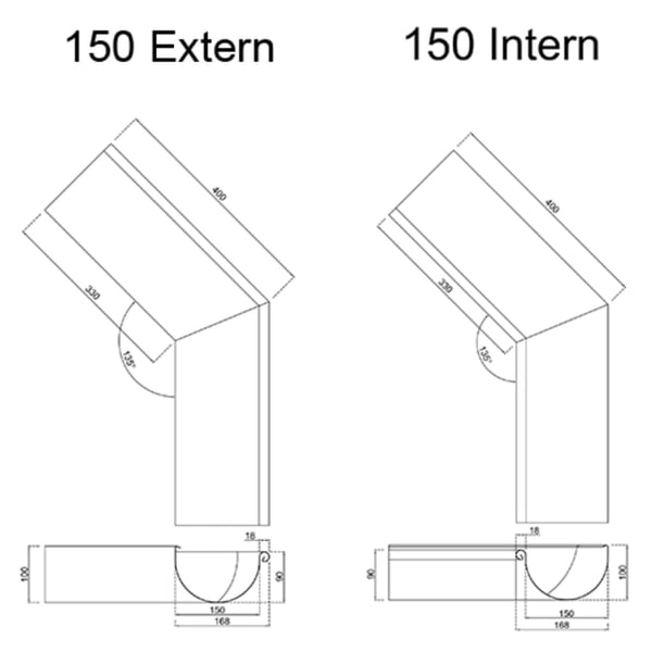 Technische Zeichnung mit Massen fuer Rinneninnenwinkel und Rinnenaussenwinkel 150 mm, Winkel 135 Grad