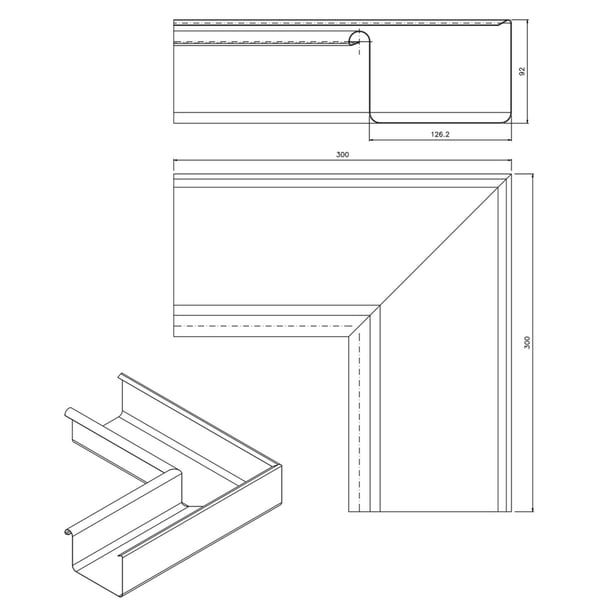 Technische Zeichnung Rinneninnenwinkel 90° mit Massen 300x300 mm und 92 mm Hoehe