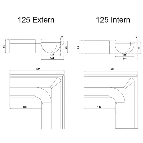 Technische Zeichnung mit Massen fuer Rinneninnenwinkel 90 Grad, 125 Extern und 125 Intern