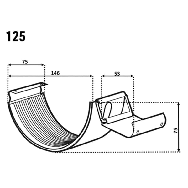 Technische Zeichnung des Rinnenverbinders mit Massangaben fuer 125 mm Rinne, Profil-Skizze