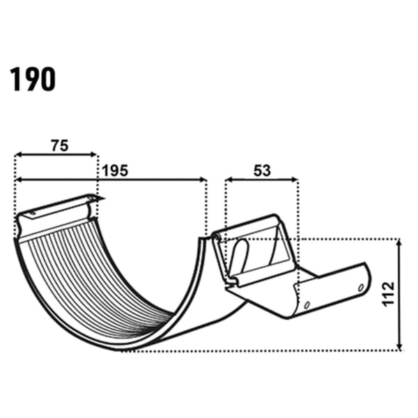 Technische Zeichnung des Rinnenverbinders mit Massen 190, 75, 195, 53 und 112 mm