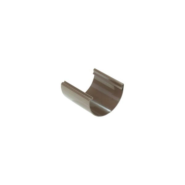Rinnenverbinder aus braunem PVC von Plastmo, Hauptansicht, halbrunde Form mit zwei seitlichen Klemmrändern