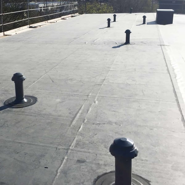 Mehrere schwarze EPDM Rohrmanschetten auf einem Flachdach mit Entlueftungsrohren, von oben gesehen