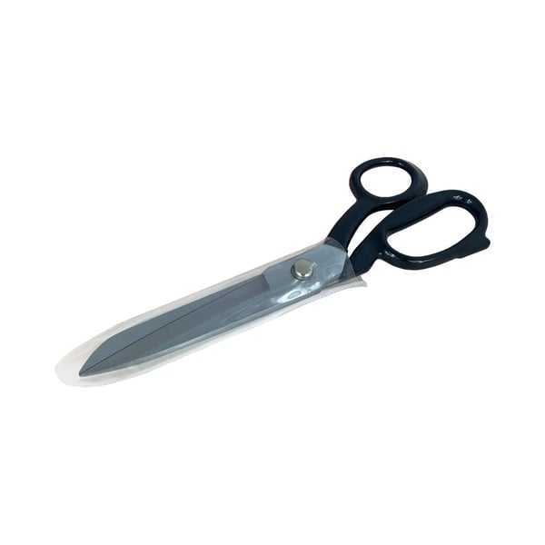 Schere aus Stahl mit schwarzen Griffen und transparenter Klingenschutzhuelle
