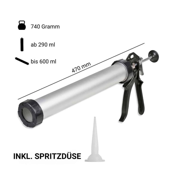 Schlauchbeutelpresse mit Massangaben 470 mm Länge und Füllmengen 290-600 ml, inkl. Spritzdüse