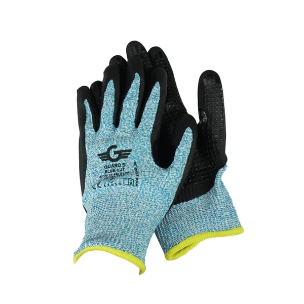 Schnitzhandschuhe aus blauem Nylon mit schwarzer Beschichtung und gelbem Bund, Weckman Logo und Produktinformationen