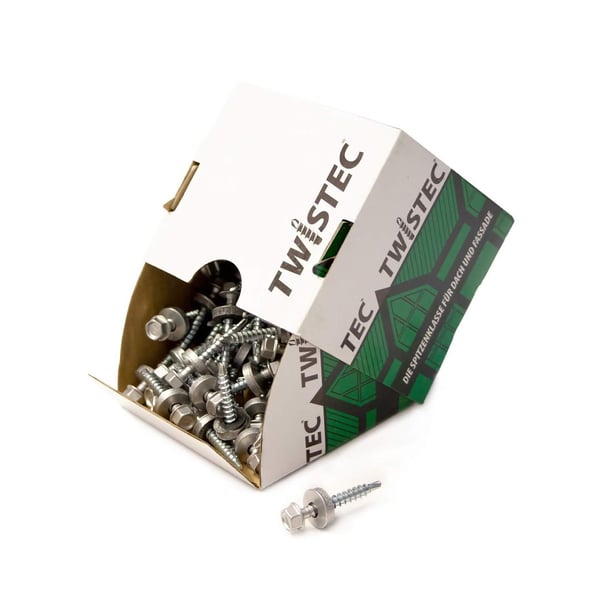 Stahl verzinkte Schrauben, Weißaluminium RAL 9006, in offener DACHPROTECT TWISTEC Verpackung, eine Schraube liegt daneben