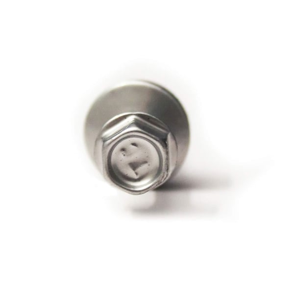 Detailansicht des Kopfes einer Stahl verzinkten Schraube, Weißaluminium RAL 9006, mit Sechskantkopf und Dichtung