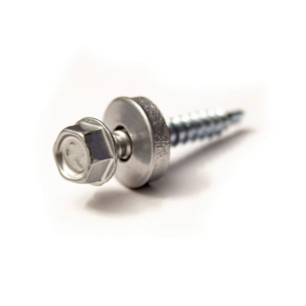 Seitenansicht einer Stahl verzinkten Schraube, Weißaluminium RAL 9006, mit Sechskantkopf, Dichtung und Gewinde