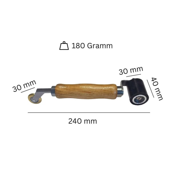 Silikon Andrückrolle und Eckenroller mit Massangaben: 240 mm Länge, 40 mm Rollenbreite, 30 mm Eckenroller