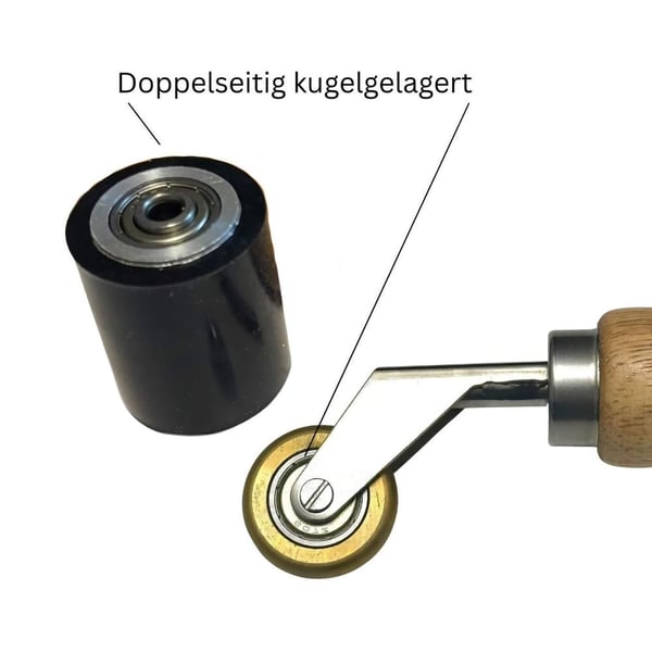 Detailansicht der doppelseitig kugelgelagerten Silikon Andrückrolle und des Eckenrollers