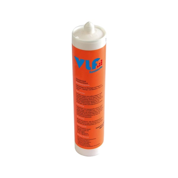 Silikon Dichtungsmasse VLF in weißer Kartusche mit orangefarbenem Etikett und blauer Schrift, Hauptansicht