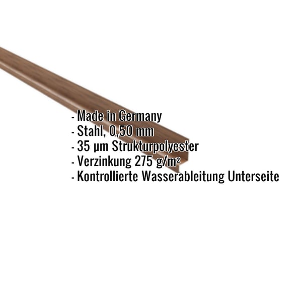 Sockelleiste Stahl Eiche 0,50 mm mit eingeblendeten Produktdaten und Beschichtung 35 µm Strukturpolyester