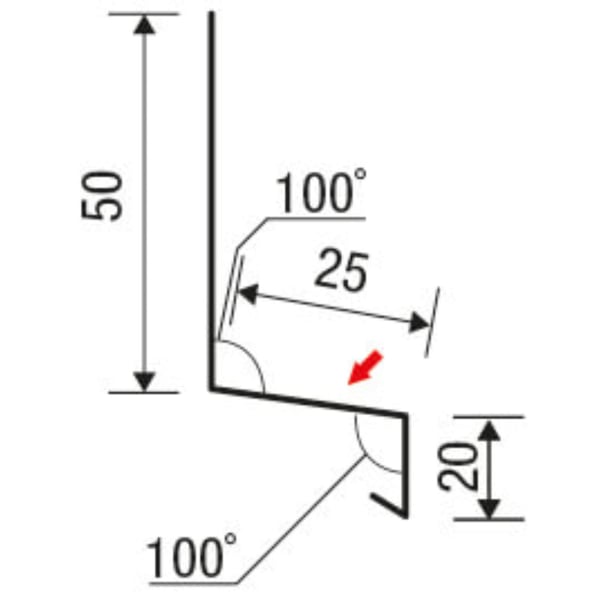 Technische Zeichnung der Sockelleiste mit Massen 50x25x20 mm und 100 Grad Winkel
