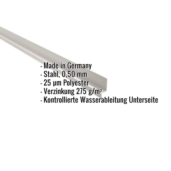 Sockelleiste Stahl Reinweiß RAL 9010, 0,50 mm, mit eingeblendeten Eckdaten zu Material und Beschichtung