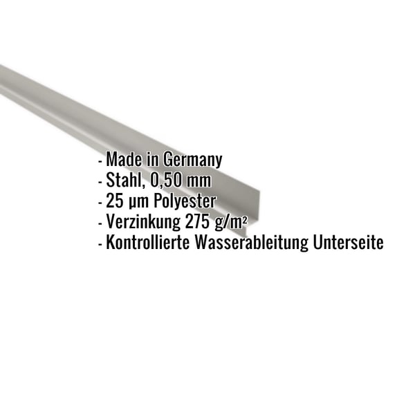 Sockelleiste aus Stahl, Weißaluminium RAL 9006, mit eingeblendeten technischen Daten
