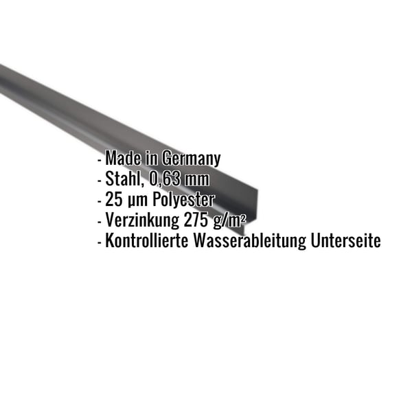 Sockelleiste Stahl Anthrazitgrau, 0,63 mm, mit eingeblendeten Eckdaten zu Material und Beschichtung