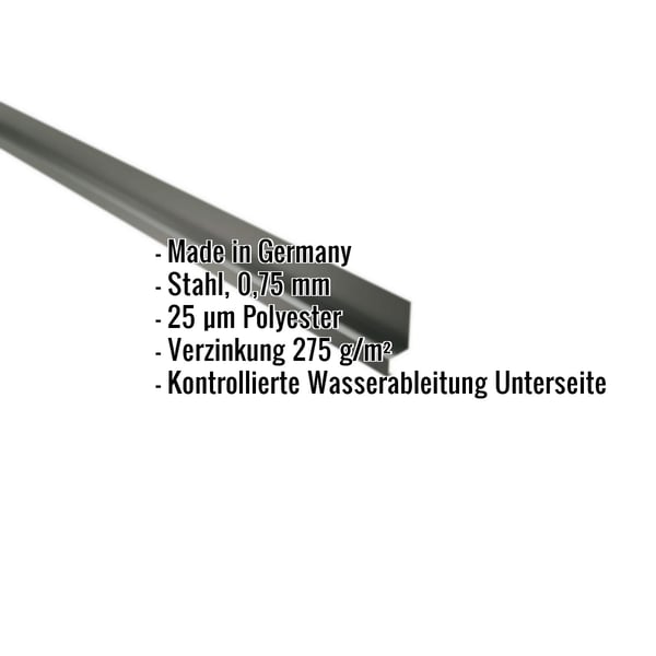 Sockelleiste Stahl 0,75 mm Chromoxidgrün mit eingeblendeten Eckdaten zu Material und Beschichtung