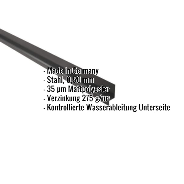 Sockelleiste Stahl 0,50 mm dunkelgrau mit eingeblendeten Produktdetails wie Material und Beschichtung