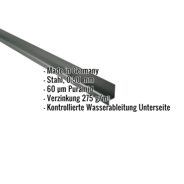 Sockelleiste Moosgrün RAL 6005 mit eingeblendeten Eckdaten zu Material, Stärke und Beschichtung