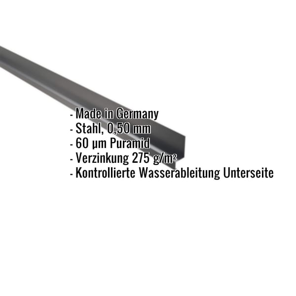 Sockelleiste Stahl 0,50 mm Anthrazitgrau mit eingeblendeten Produktdaten und Eigenschaften