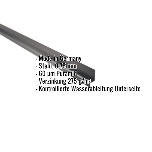 Sockelleiste Anthrazitgrau mit eingeblendeten Eckdaten zu Material, Staerke und Beschichtung