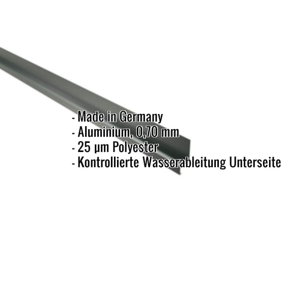 Sockelleiste Aluminium moosgrün mit eingeblendeten Eckdaten zu Material und Wasserableitung
