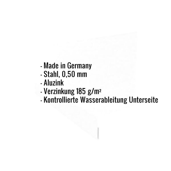 Infografik mit Eckdaten: Made in Germany, Stahl 0,50 mm, Aluzink, Verzinkung 185 g/m², kontrollierte Wasserableitung