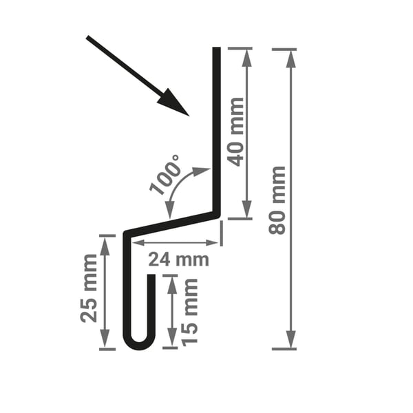 Technische Zeichnung der Sockelleiste Typ 1 mit Massen 40 mm, 24 mm, 25 mm, 15 mm, 80 mm und 100 Grad Winkel