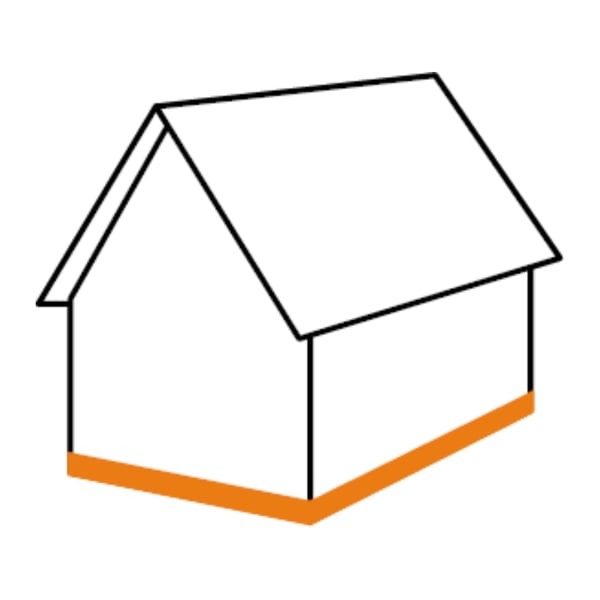 Haus-Skizze mit orange markierter Sockelleiste Typ 1 am unteren Wandbereich
