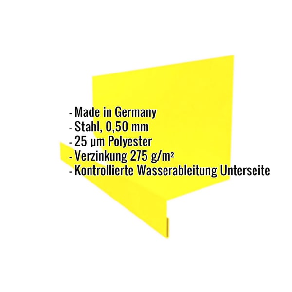 Sockelleiste Stahl Rapsgelb mit eingeblendeten Eckdaten zu Material, Staerke und Beschichtung