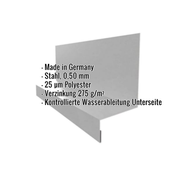 Sockelleiste Graualuminium mit eingeblendeten Eckdaten zu Material, Staerke und Beschichtung