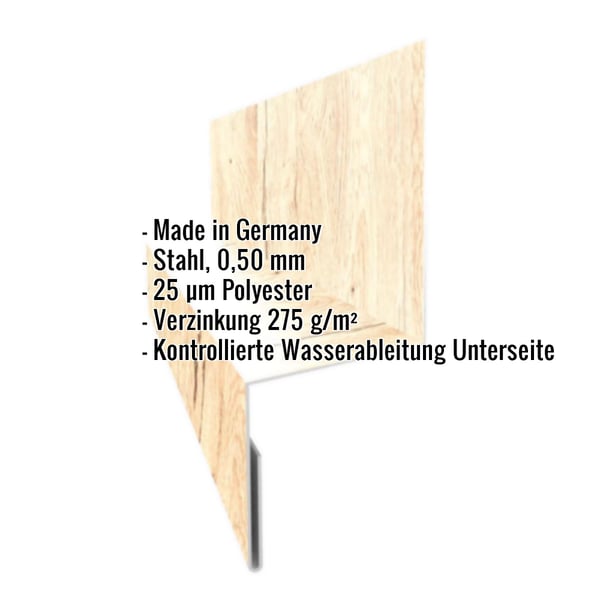 Sockelleiste Typ 2 aus Stahl 0,50 mm in Ahorn, mit eingeblendeten technischen Daten
